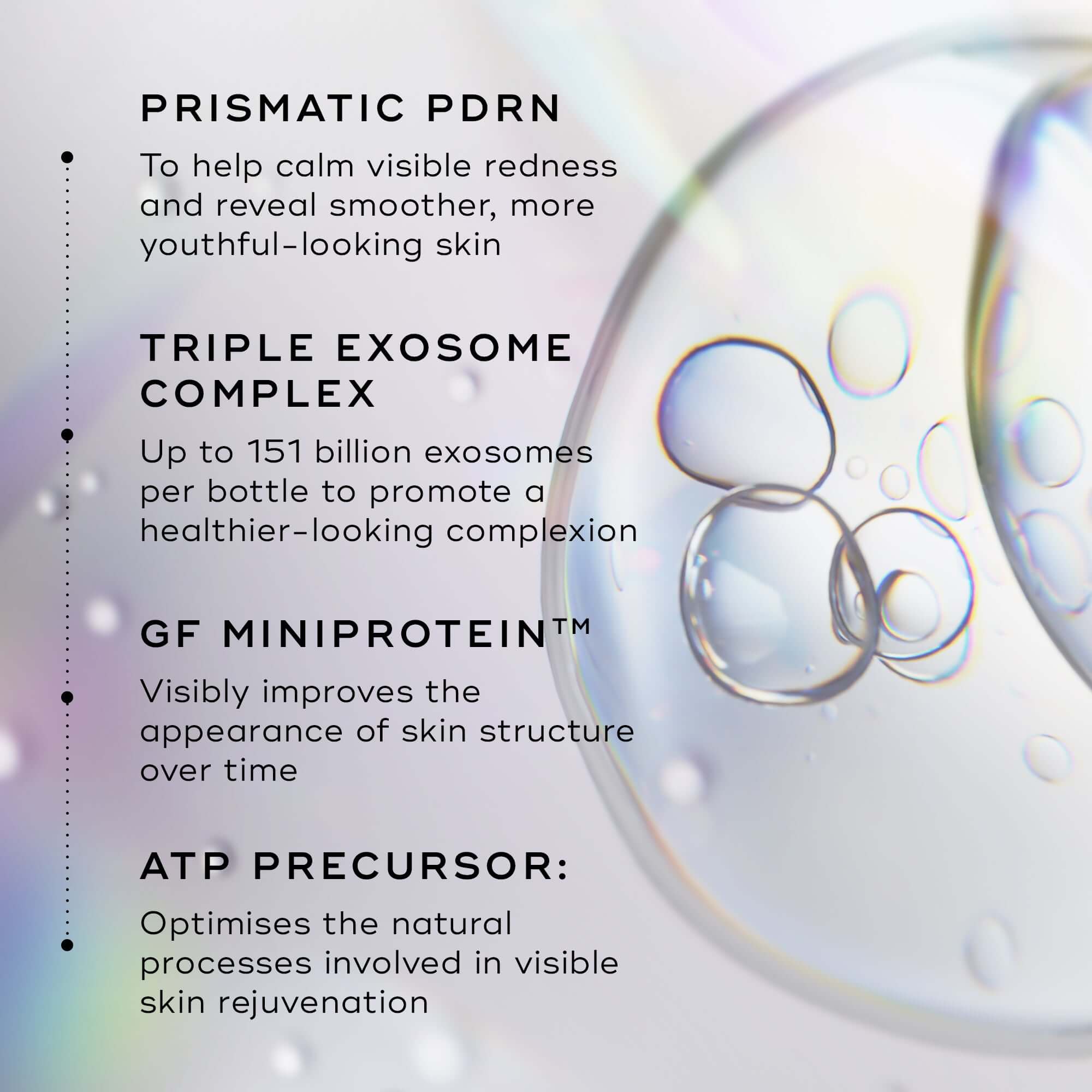 Medik8 Exo-PDRN Prismatic+ highlights Prismatic PDRN, Triple Exosome Complex, GF MiniProtein, and ATP Precursor.