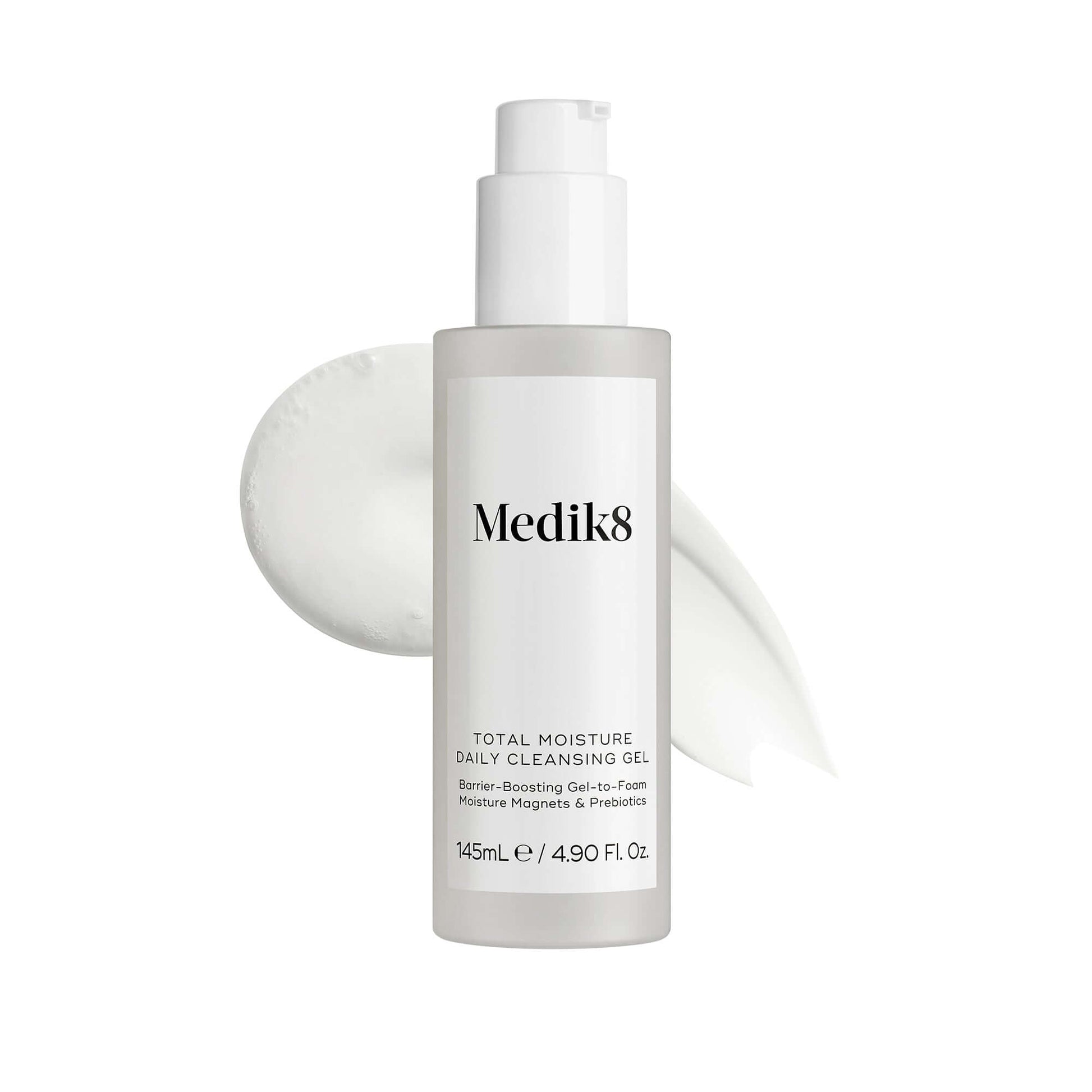 Medik8 Total Moisture Daily Cleansing Gel bottle with creamy gel texture, ideal for removing makeup and hydration.