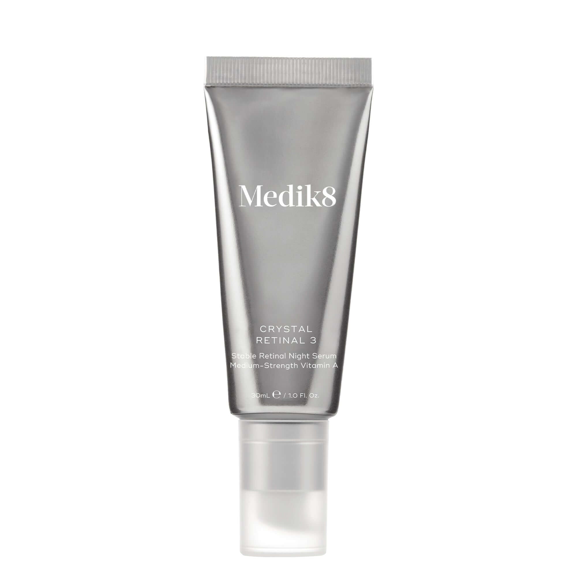 Medik8 Crystal Retinal 3™ product tube showcasing a 0.03% retinaldehyde formula for beginners.