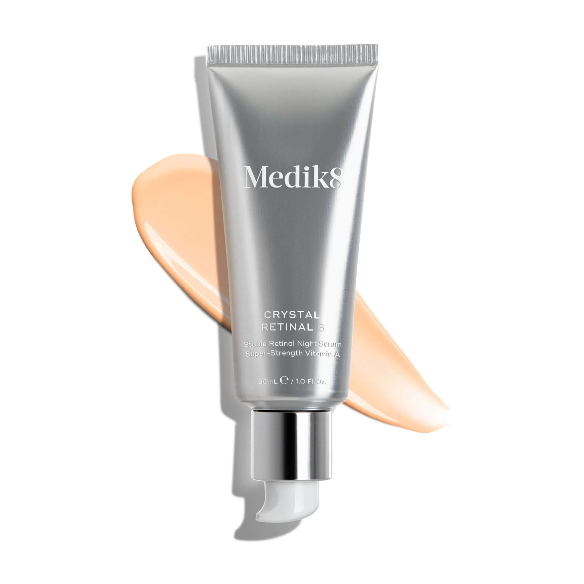 Medik8 Crystal Retinal 6™ tube with cream swatch on white background.