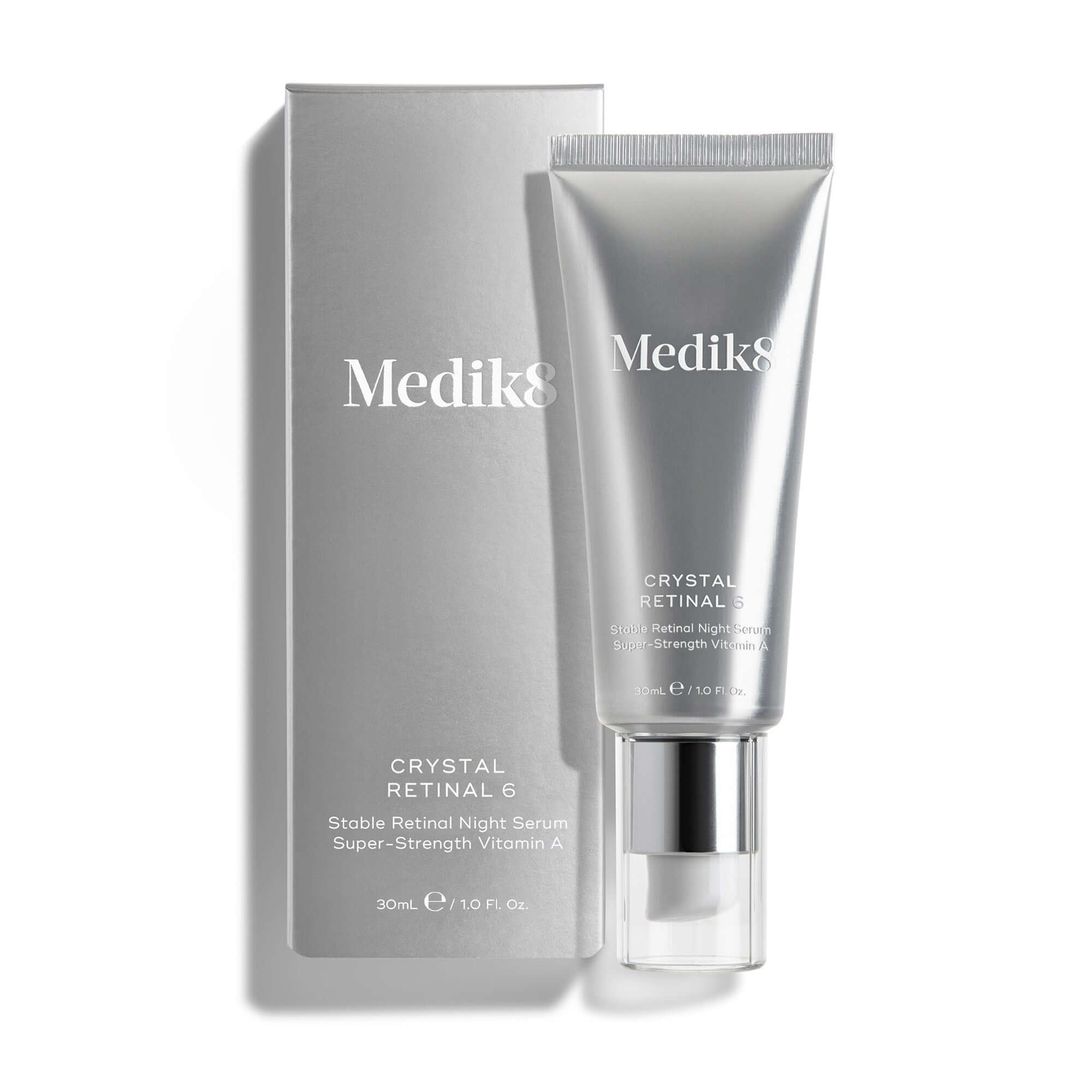 Medik8 Crystal Retinal 6™ serum tube and box, featuring stable retinol for wrinkle reduction.