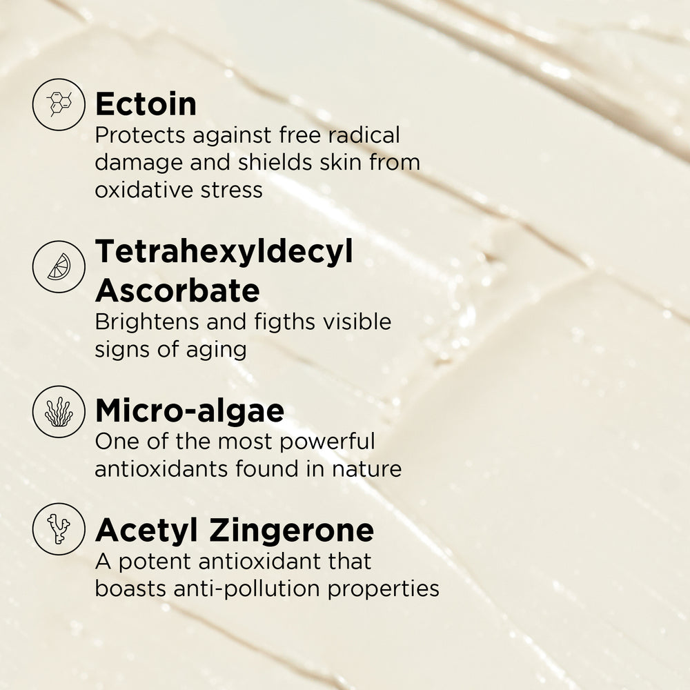 IMAGE Skincare DAILY PREVENTION Ultra Defence Moisturiser SPF 50 key ingredients graphic - ectoin, vitamin C, micro-algae and acetyl zingerone