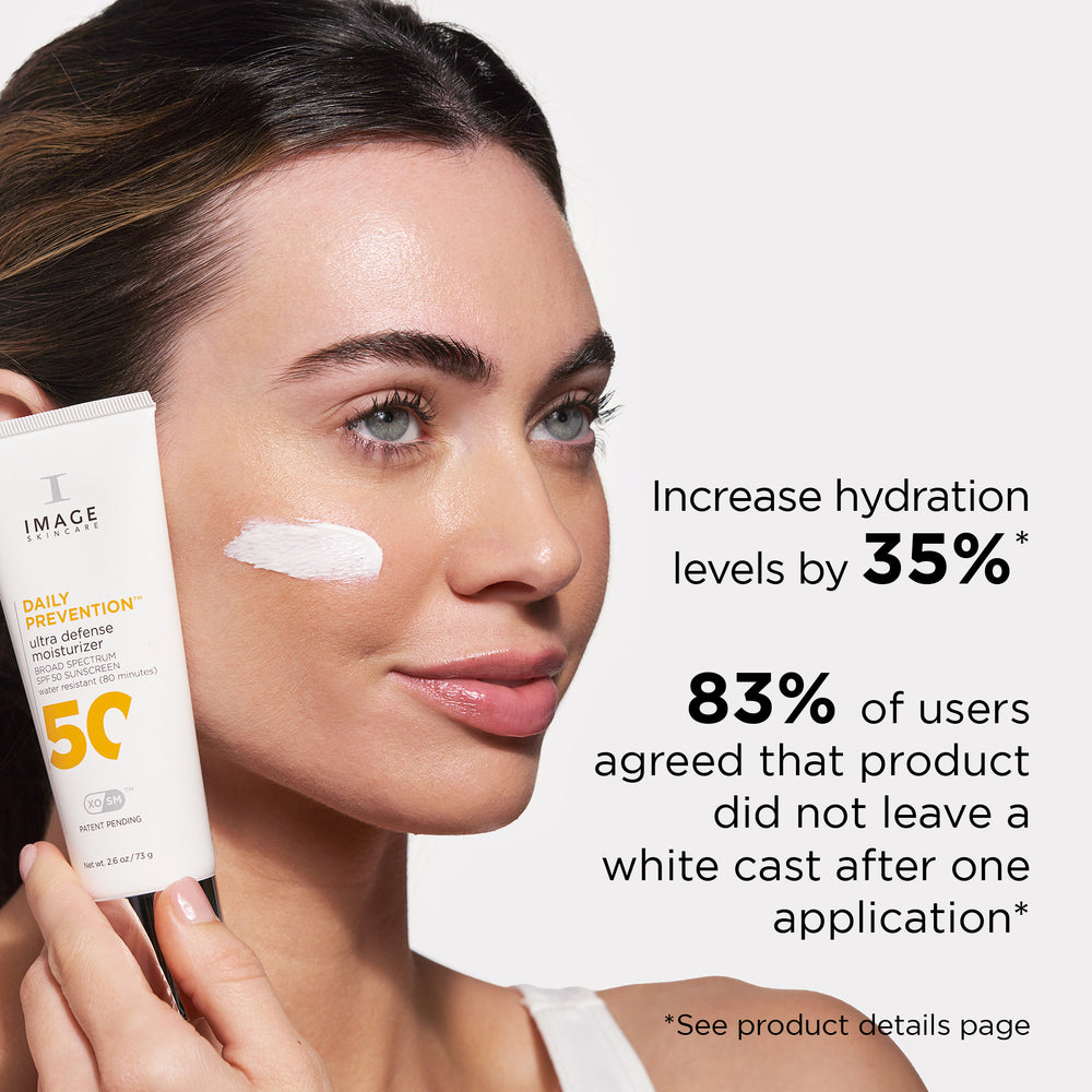IMAGE Skincare DAILY PREVENTION Ultra Defence Moisturiser SPF 50 applied to the cheek - hydration up 35% and 83% agree no white cast