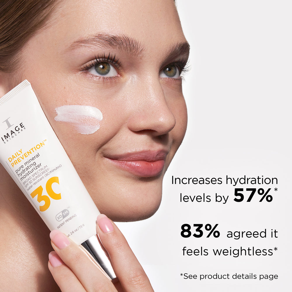 IMAGE Skincare DAILY PREVENTION Pure Mineral Hydrating Moisturiser SPF 30 applied to the cheek - hydration up 57% and 83% agree it feels weightless