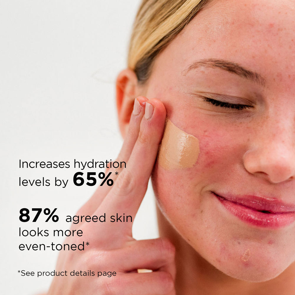 IMAGE Skincare DAILY PREVENTION Pure Mineral Tinted Moisturiser SPF 30 applied to the cheek - hydration up 65% and 87% agree skin looks more even-toned