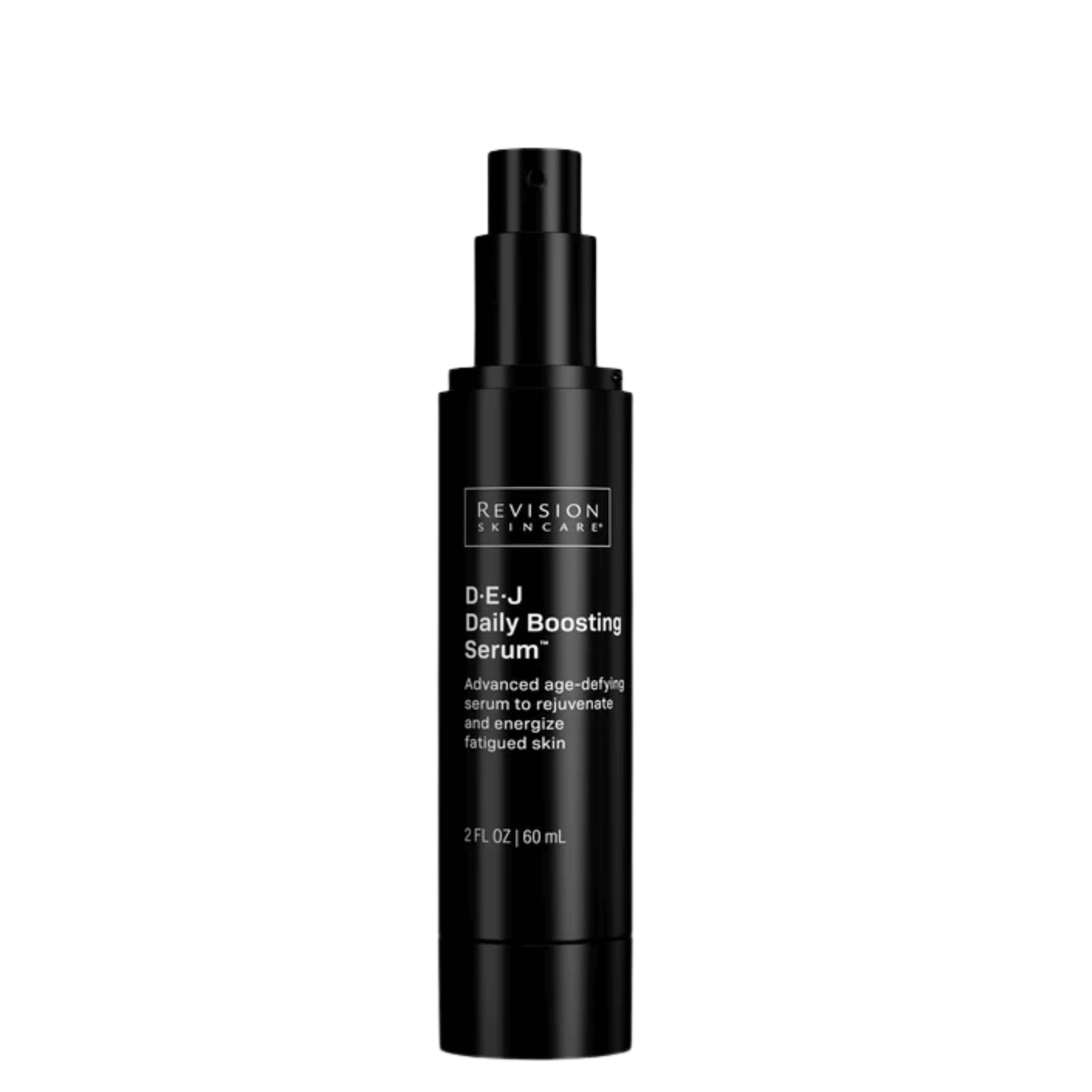 Revision Skincare D·E·J Daily Boosting Serum™ in a sleek black bottle for rejuvenating and energizing fatigued skin.