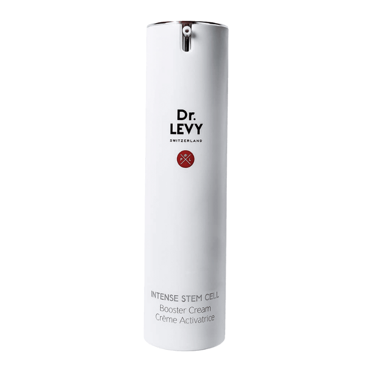 Dr LEVY Intense Stem Cell Booster Cream bottle with sleek white design and logo.