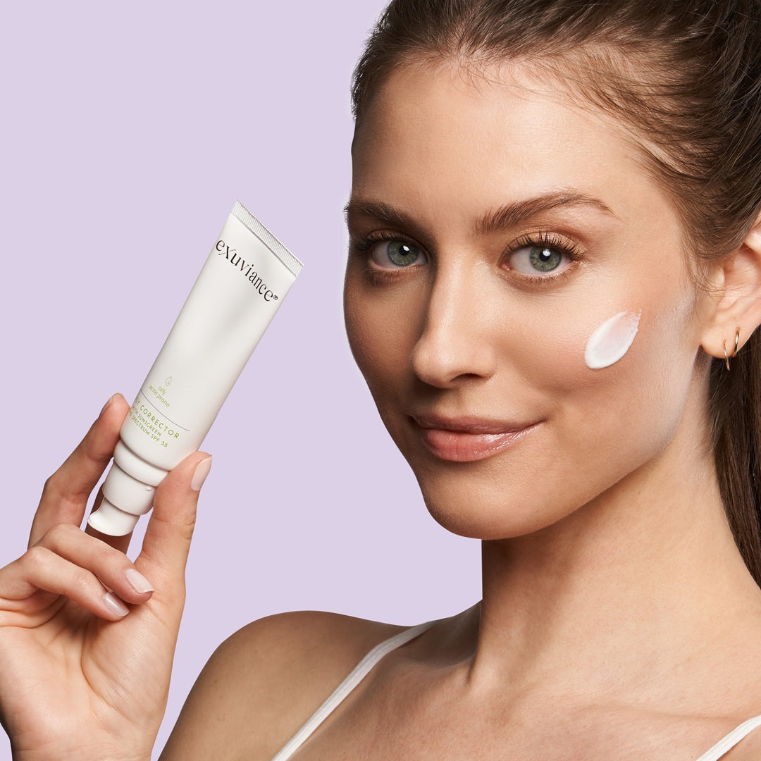 Exuviance Daily Corrector SPF 35 applied to the face