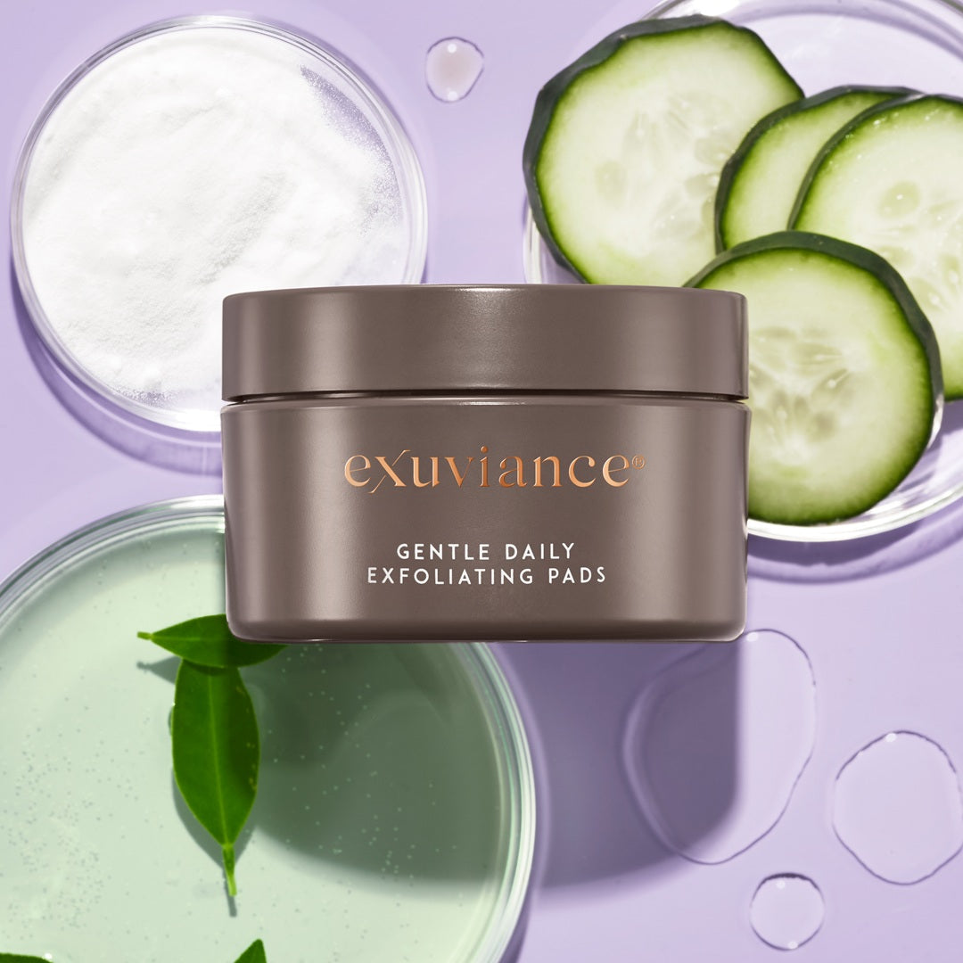 Exuviance Gentle Daily Exfoliating Pads key ingredients: PHAs, vitamins C and E, green tea, cucumber