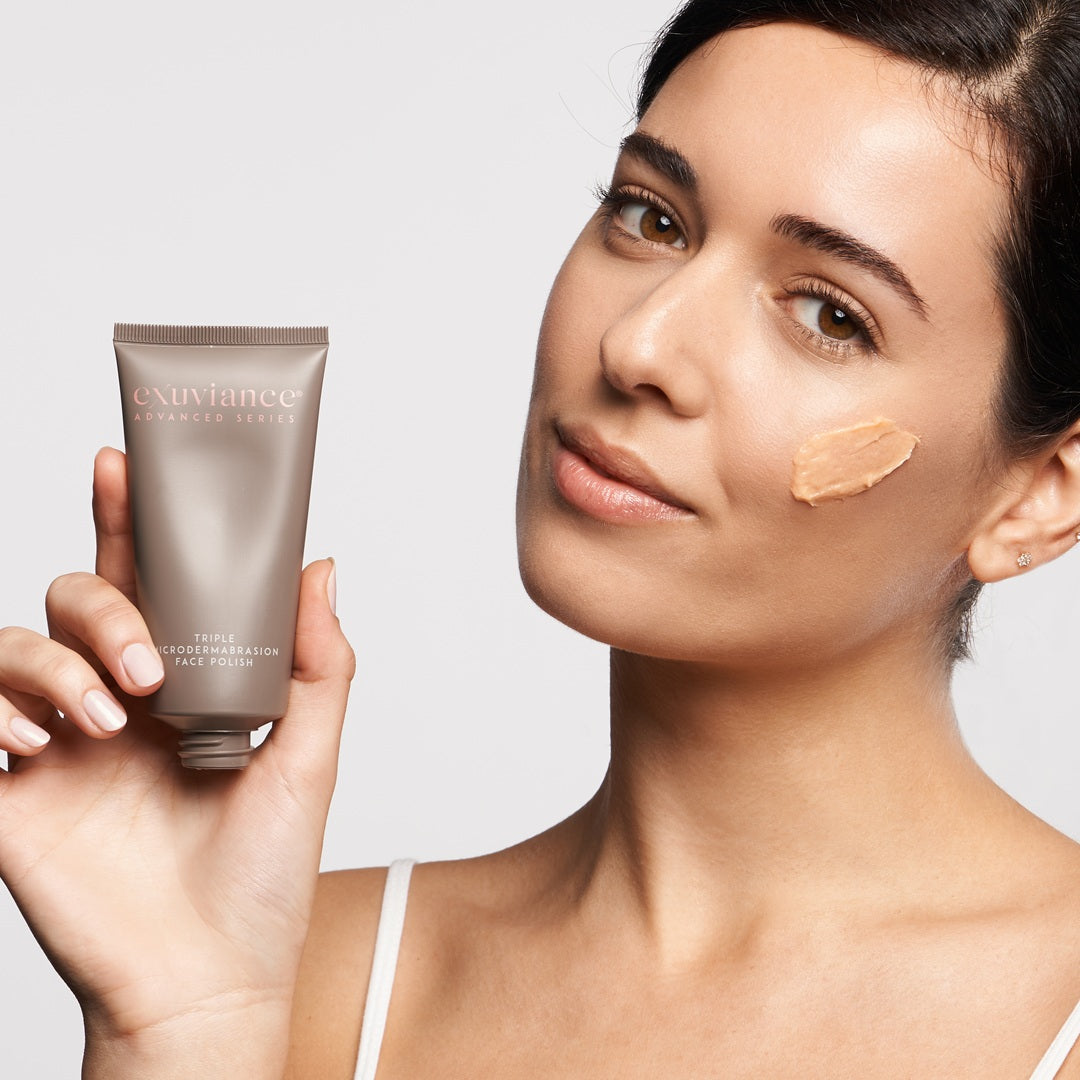 Exuviance Triple Microdermabrasion Face Polish applied to the face