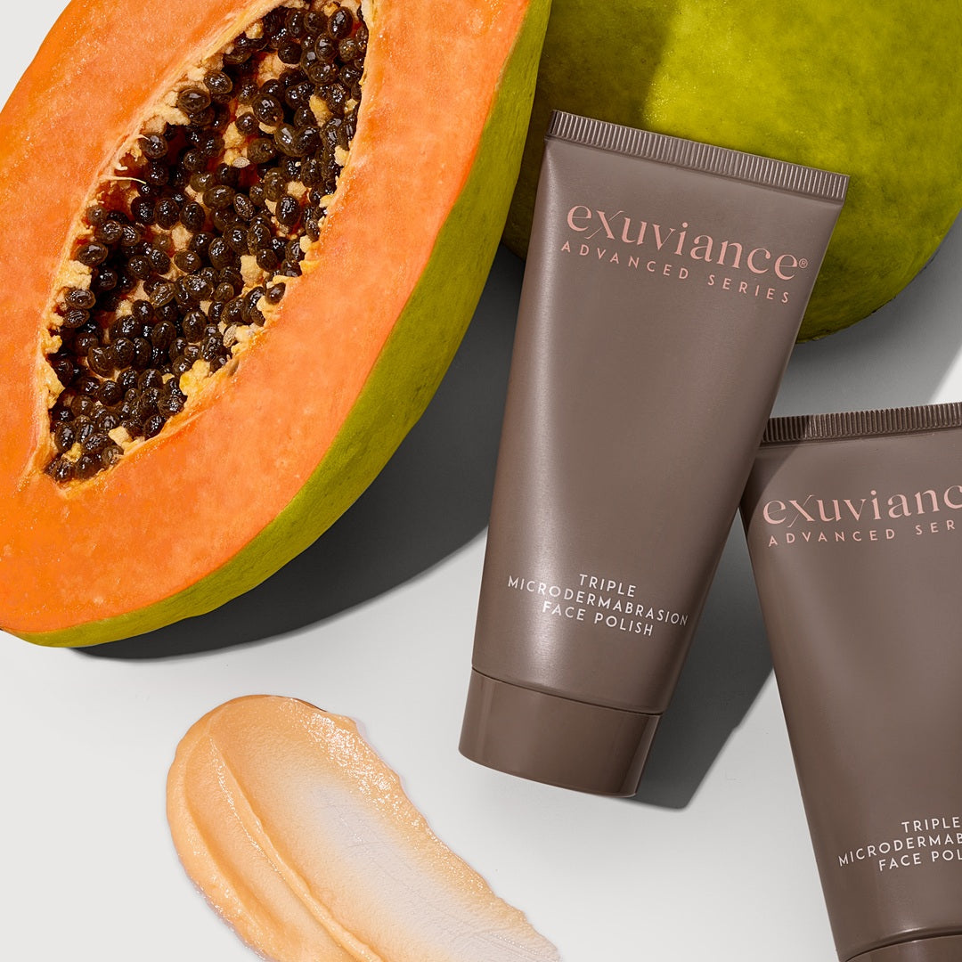 Exuviance Triple Microdermabrasion Face Polish key ingredients: glycolic acid, papaya enzyme, crystals