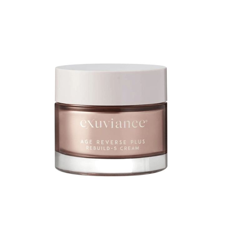 Exuviance® AGE REVERSE Plus Rebuild-5 Cream in a stylish jar for skin rejuvenation and firmness.