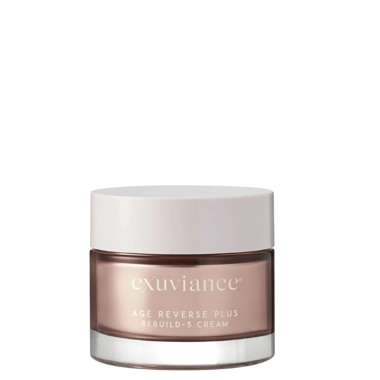 Exuviance® AGE REVERSE Plus Rebuild-5 Cream in a jar for rejuvenating and firming skin.