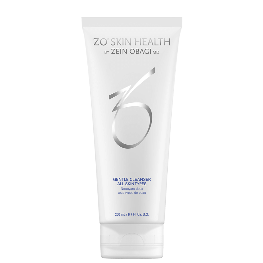ZO Skin Health Gentle Cleanser tube packaging for all skin types, hydrates and cleanses without stripping moisture.