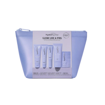 HydroPeptide Glow Like a Pro kit in a lilac skincare bag with Foaming Cream Cleanser, Polish & Plump Peel 1 and 2, Radiance Mask and Firma-Bright sachets
