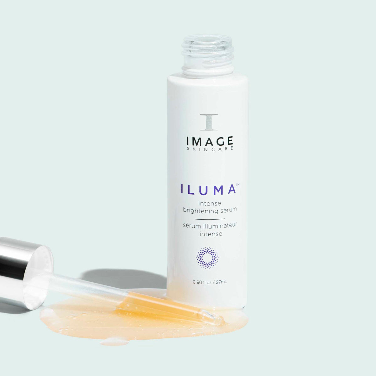 IMAGE Skincare ILUMA Intense Brightening Serum bottle with dropper and serum swatch