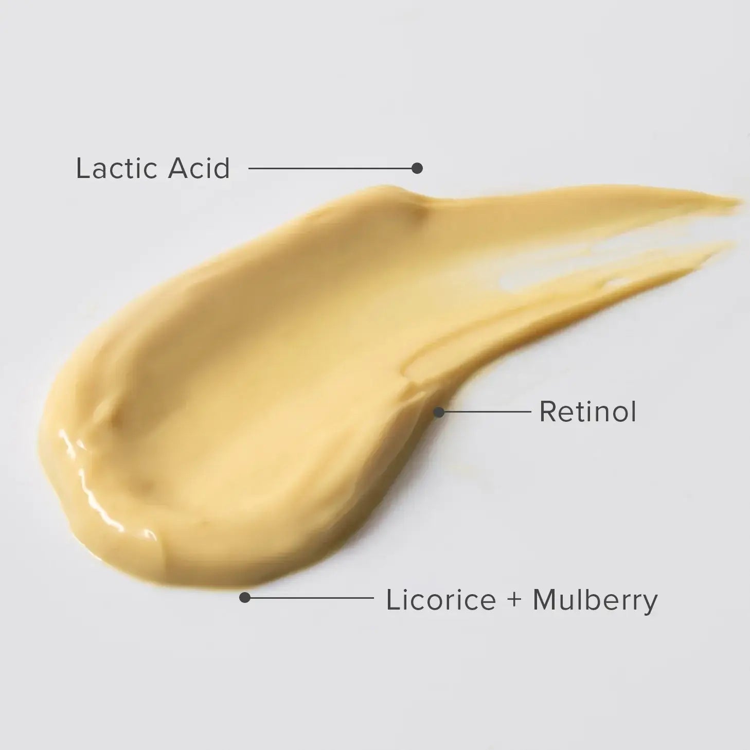 A swatch of PRIORI Age Renew Brightening Serum Q-SOD highlighting Lactic Acid, Retinol, Licorice, and Mulberry ingredients.