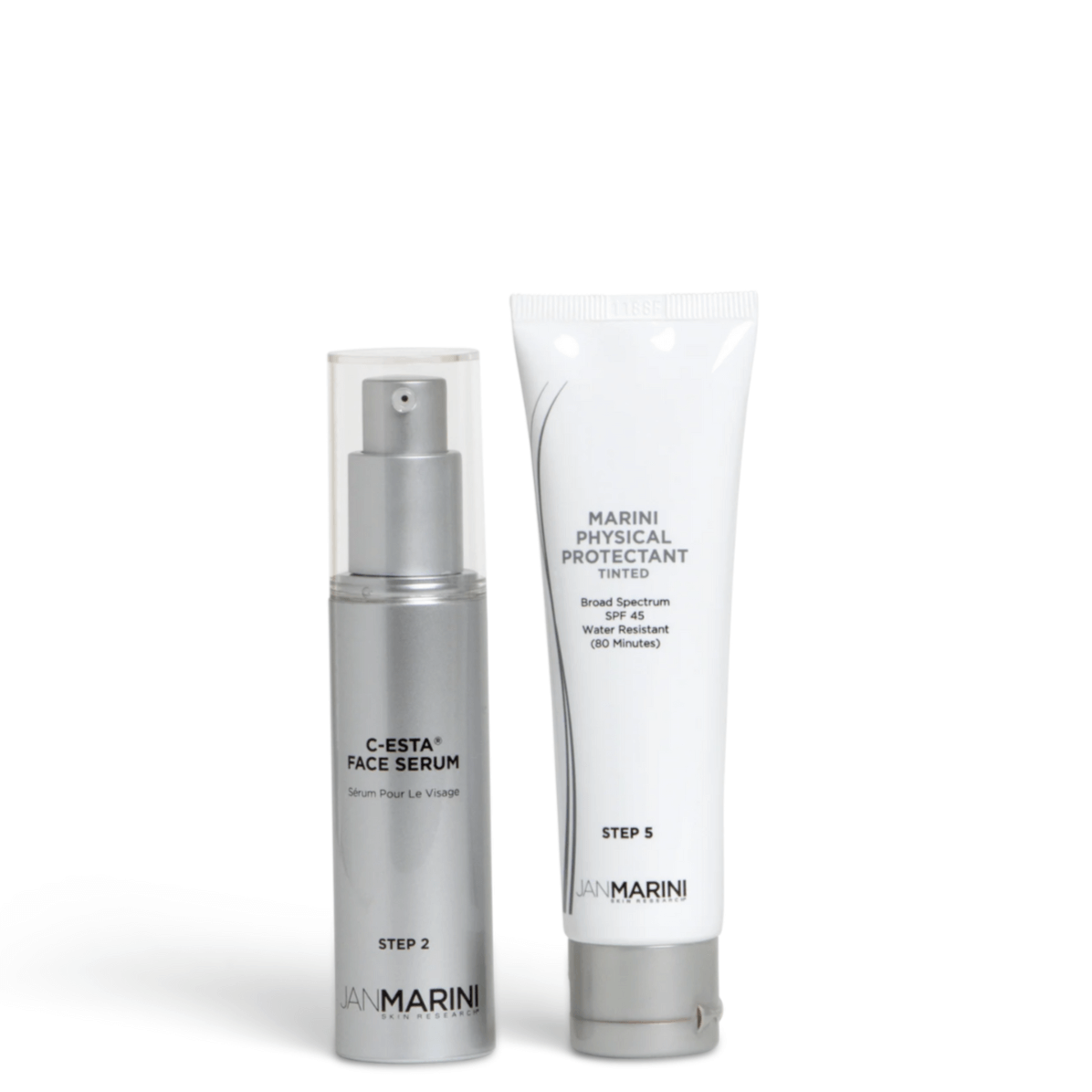 Jan Marini Rejuvenate & Protect™ skincare duo including C-ESTA Face Serum and Marini Physical Protectant.