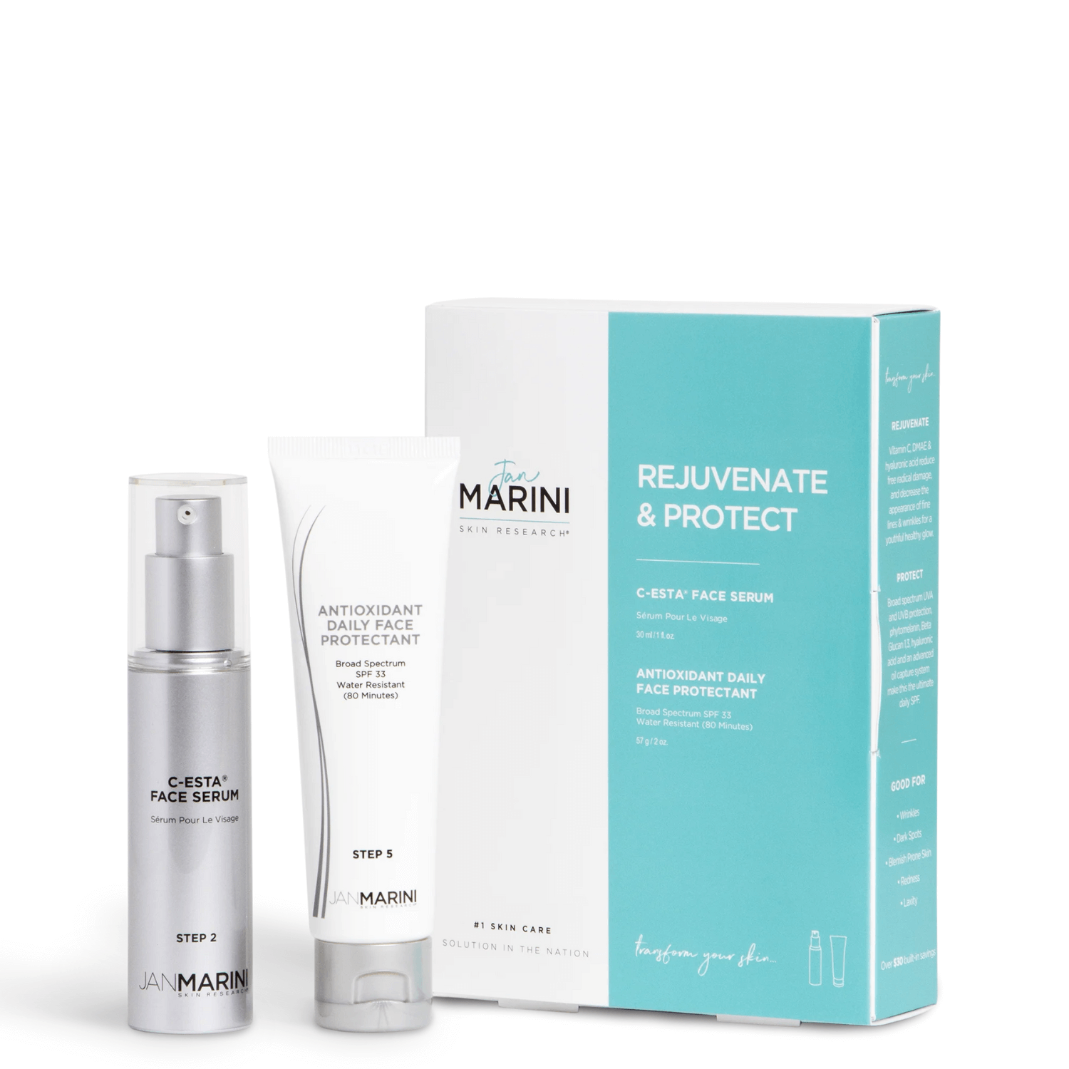 Jan Marini Rejuvenate & Protect™ skincare duo includes C-Esta Face Serum and Antioxidant Daily Face Protectant.