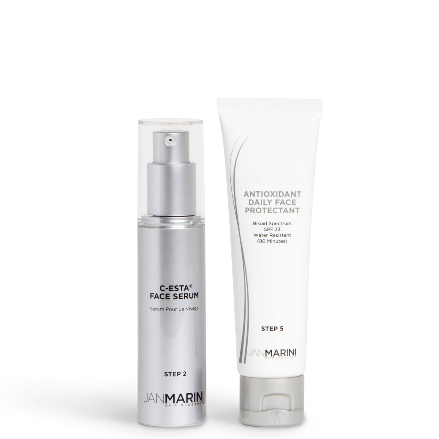 Jan Marini Rejuvenate & Protect™ skincare duo including C-ESTA Face Serum and Antioxidant Daily Face Protectant.