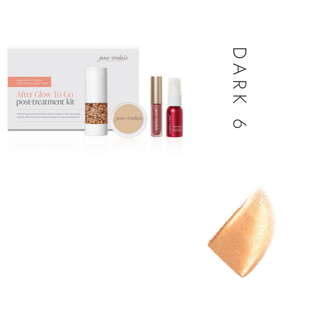 Jane Iredale After Glow Post Treatment Kit in Dark 6, showing the kit and a tinted serum swatch