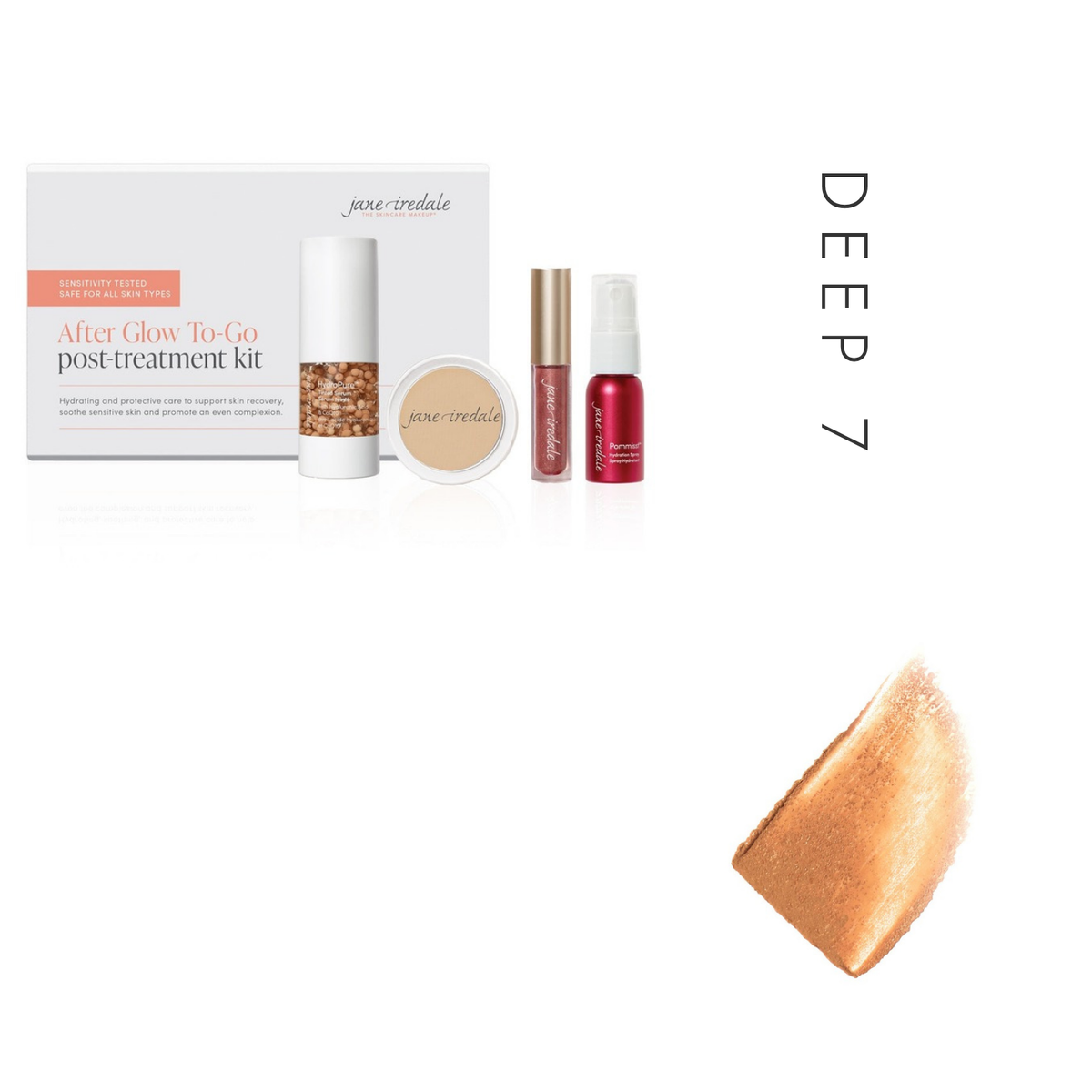 Jane Iredale After Glow Post Treatment Kit in Deep 7, showing the kit and a tinted serum swatch