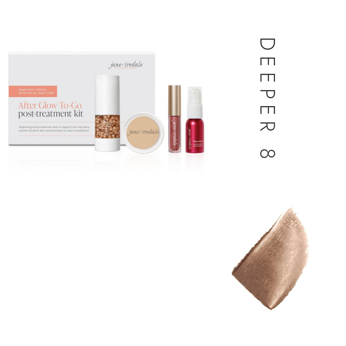 Jane Iredale After Glow Post Treatment Kit in Deeper 8, showing the kit and a tinted serum swatch