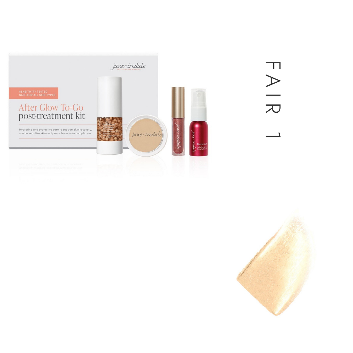Jane Iredale After Glow Post Treatment Kit in Fair 1, showing the kit and a tinted serum swatch