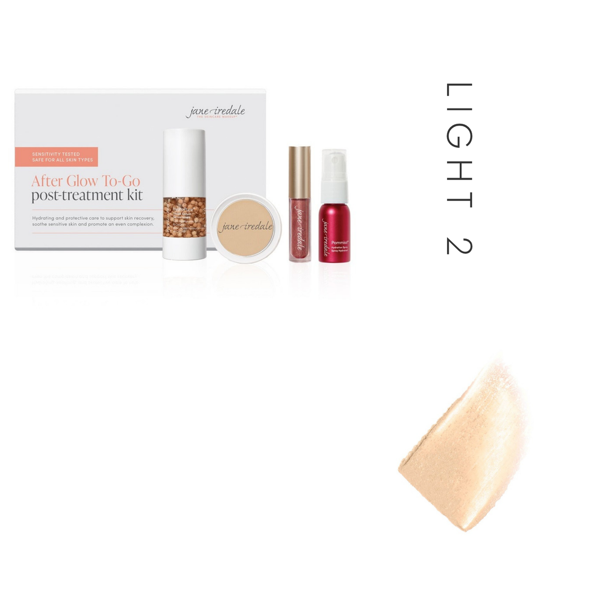 Jane Iredale After Glow Post Treatment Kit in Light 2, showing the kit and a tinted serum swatch