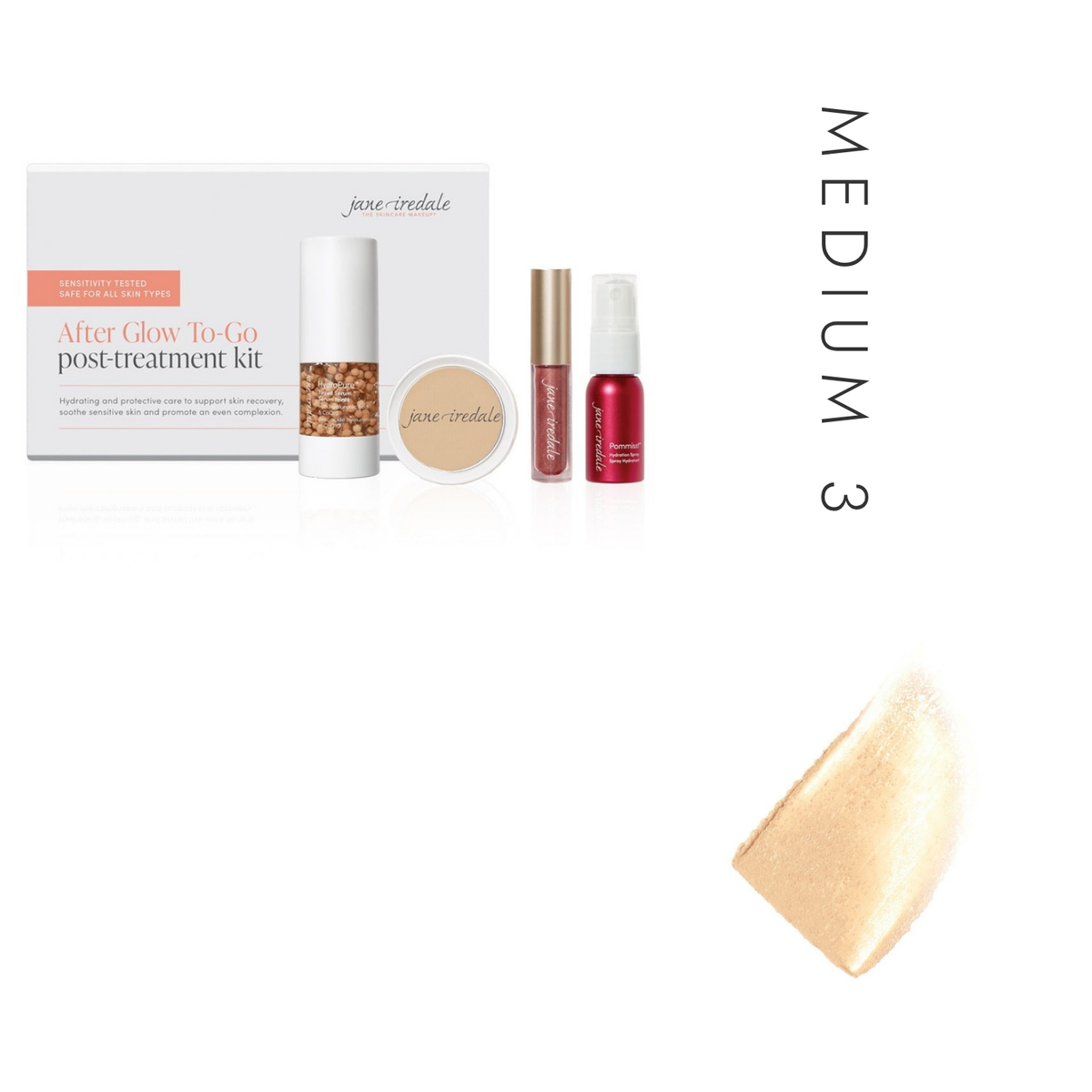 Jane Iredale After Glow Post Treatment Kit in Medium 3, showing the kit and a tinted serum swatch