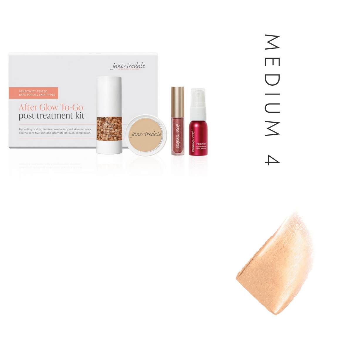 Jane Iredale After Glow Post Treatment Kit in Medium 4, showing the kit and a tinted serum swatch