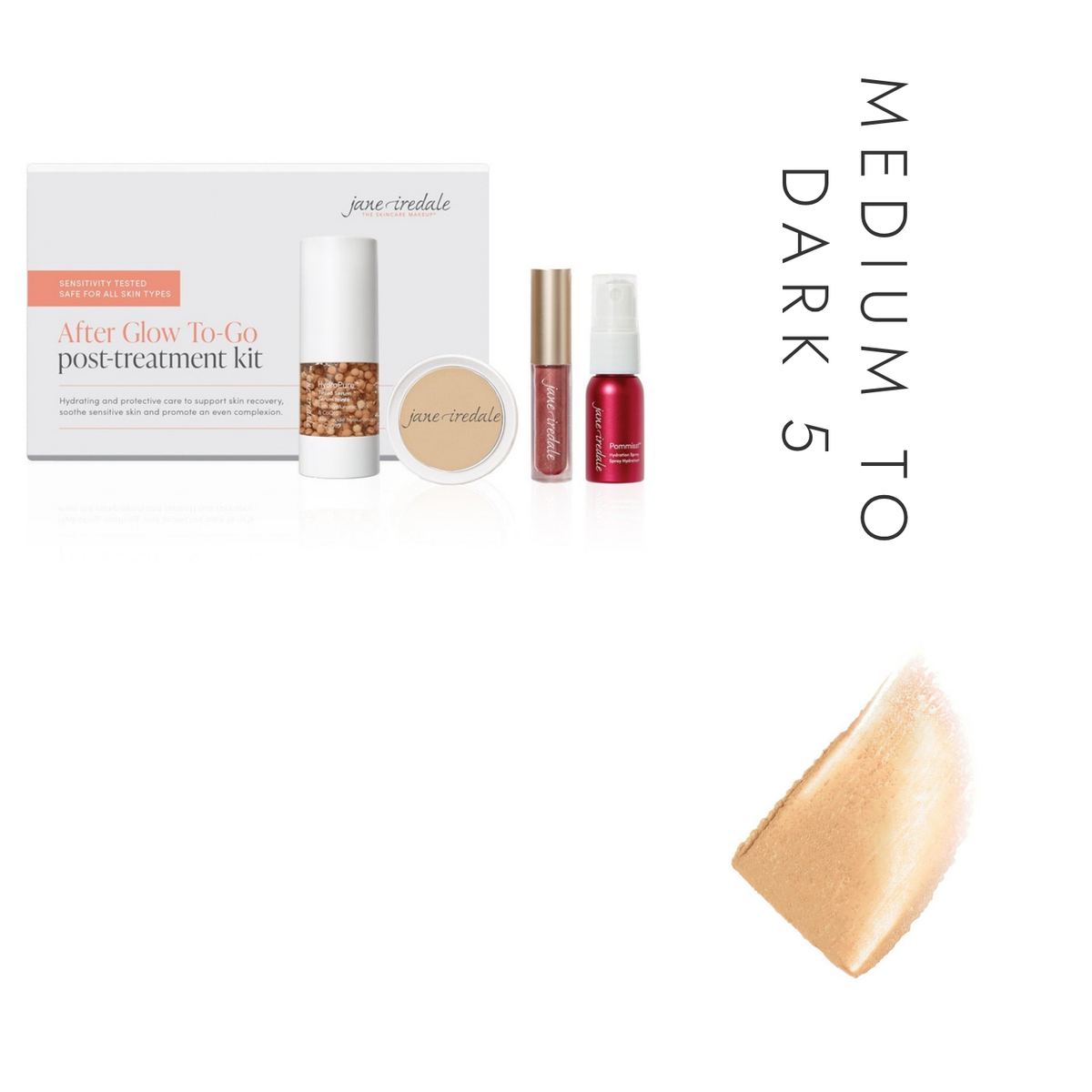 Jane Iredale After Glow Post Treatment Kit in Medium to Dark 5, showing the kit and a tinted serum swatch