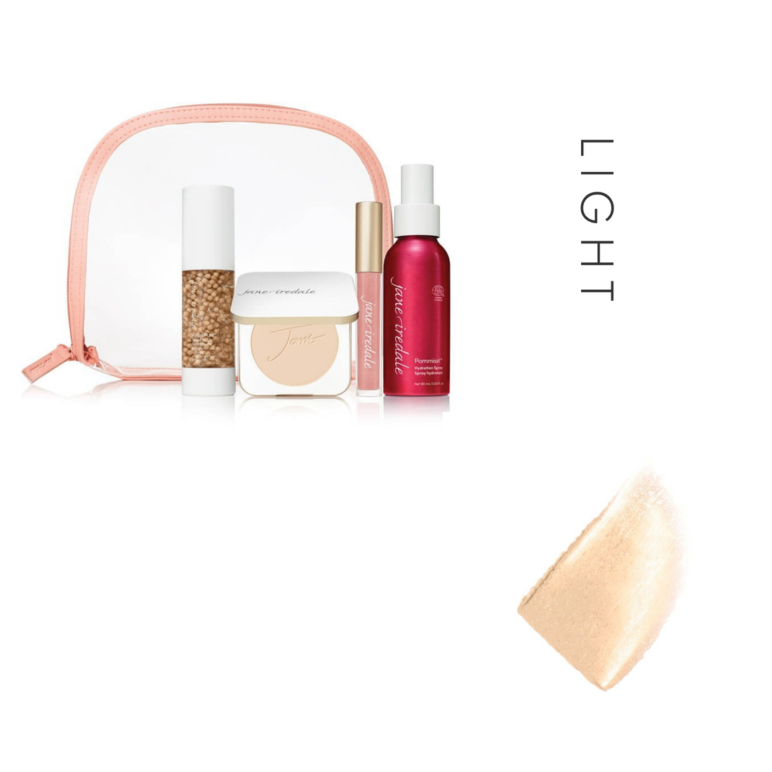 Jane Iredale After Glow To Go Kit in Fair, showing the kit and a tinted serum swatch