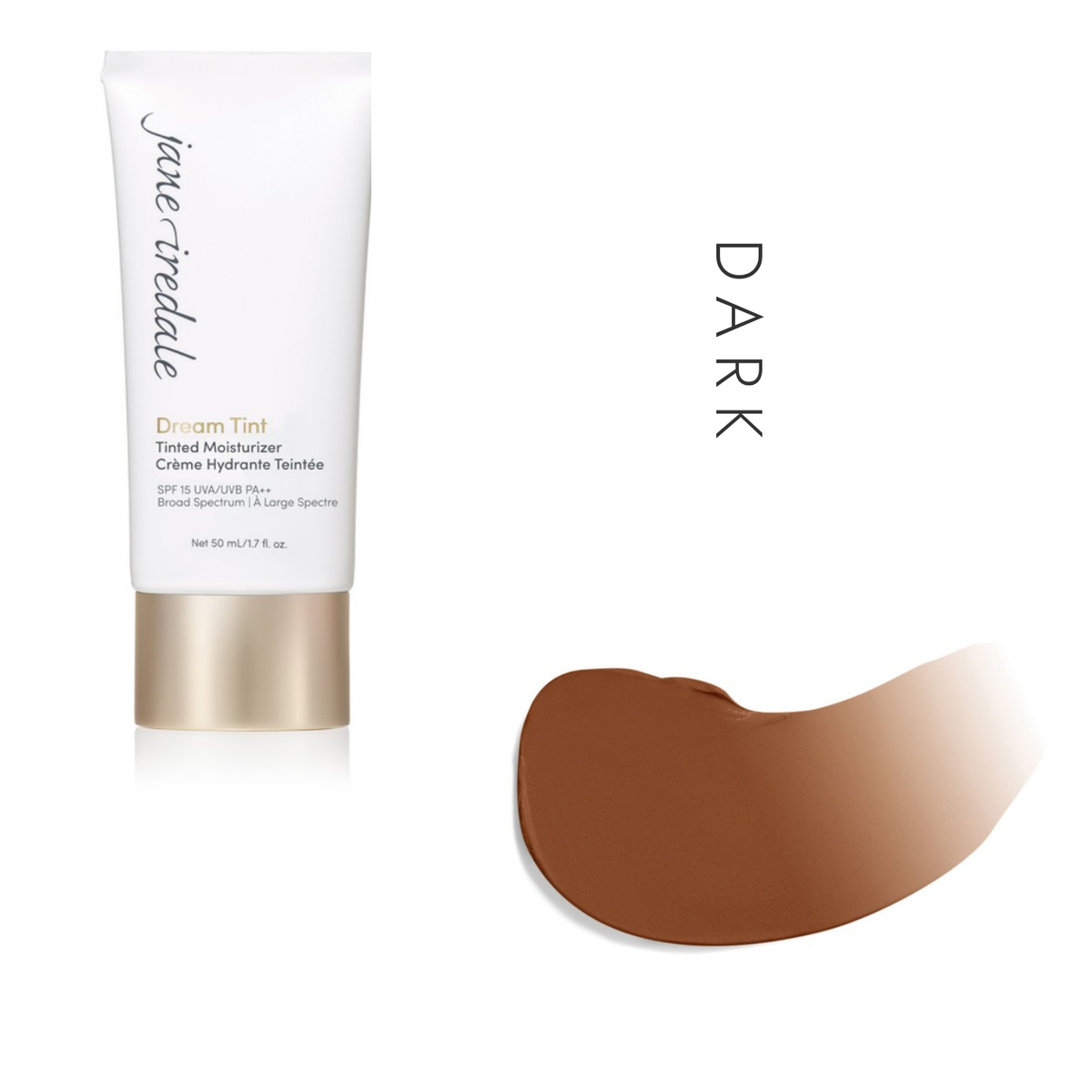 Jane Iredale Dream Tint Tinted Moisturizer SPF 15 in Dark, showing the tube and a swatch