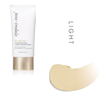 Jane Iredale Dream Tint Tinted Moisturizer SPF 15 in Light, showing the tube and a swatch