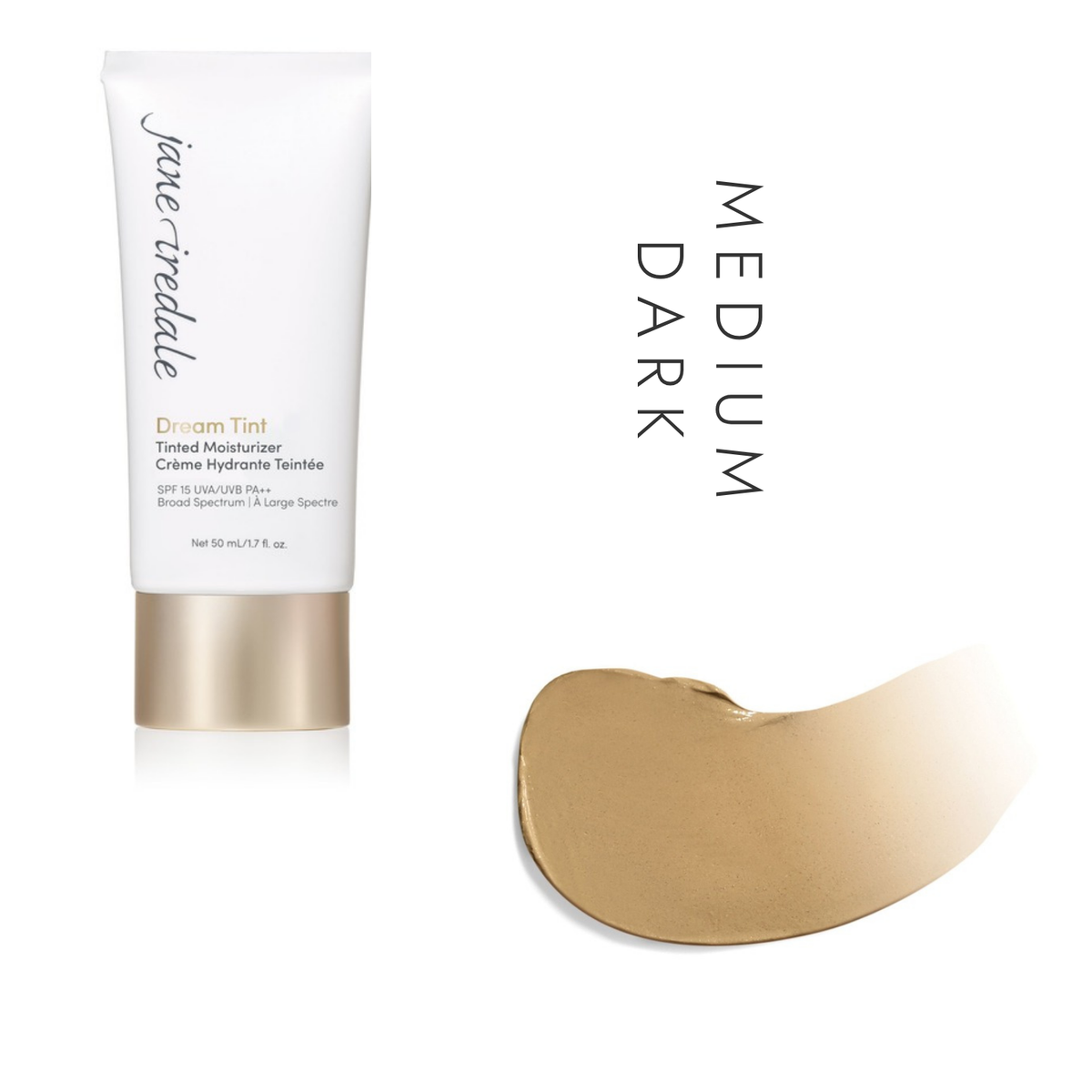 Jane Iredale Dream Tint Tinted Moisturizer SPF 15 in Medium Dark, showing the tube and a swatch