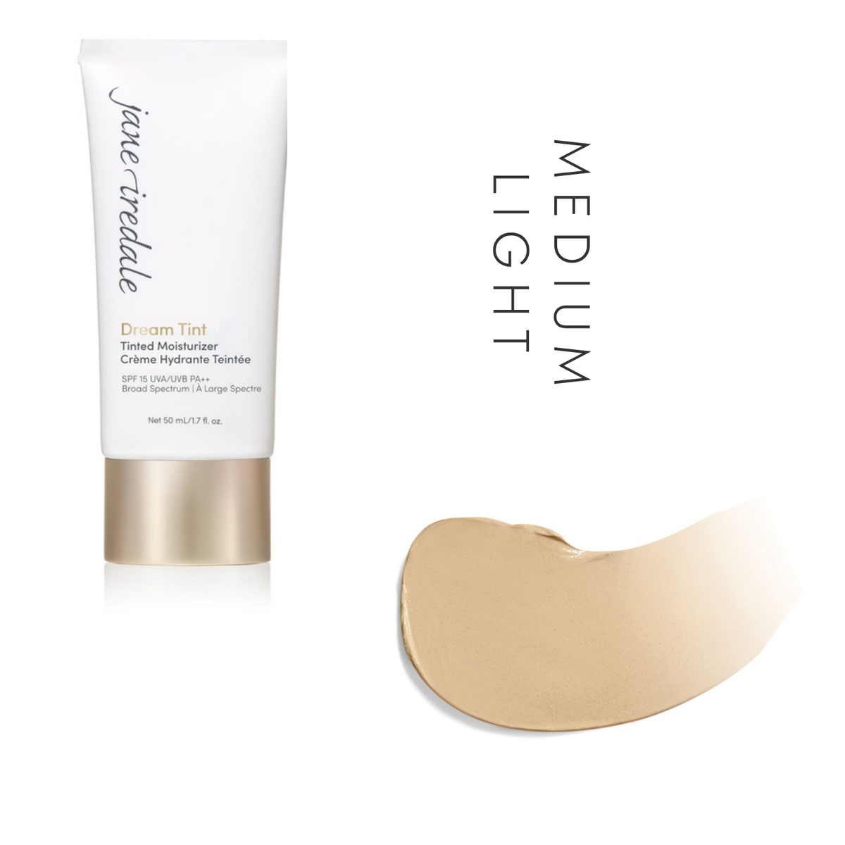 Jane Iredale Dream Tint Tinted Moisturizer SPF 15 in Medium Light, showing the tube and a swatch