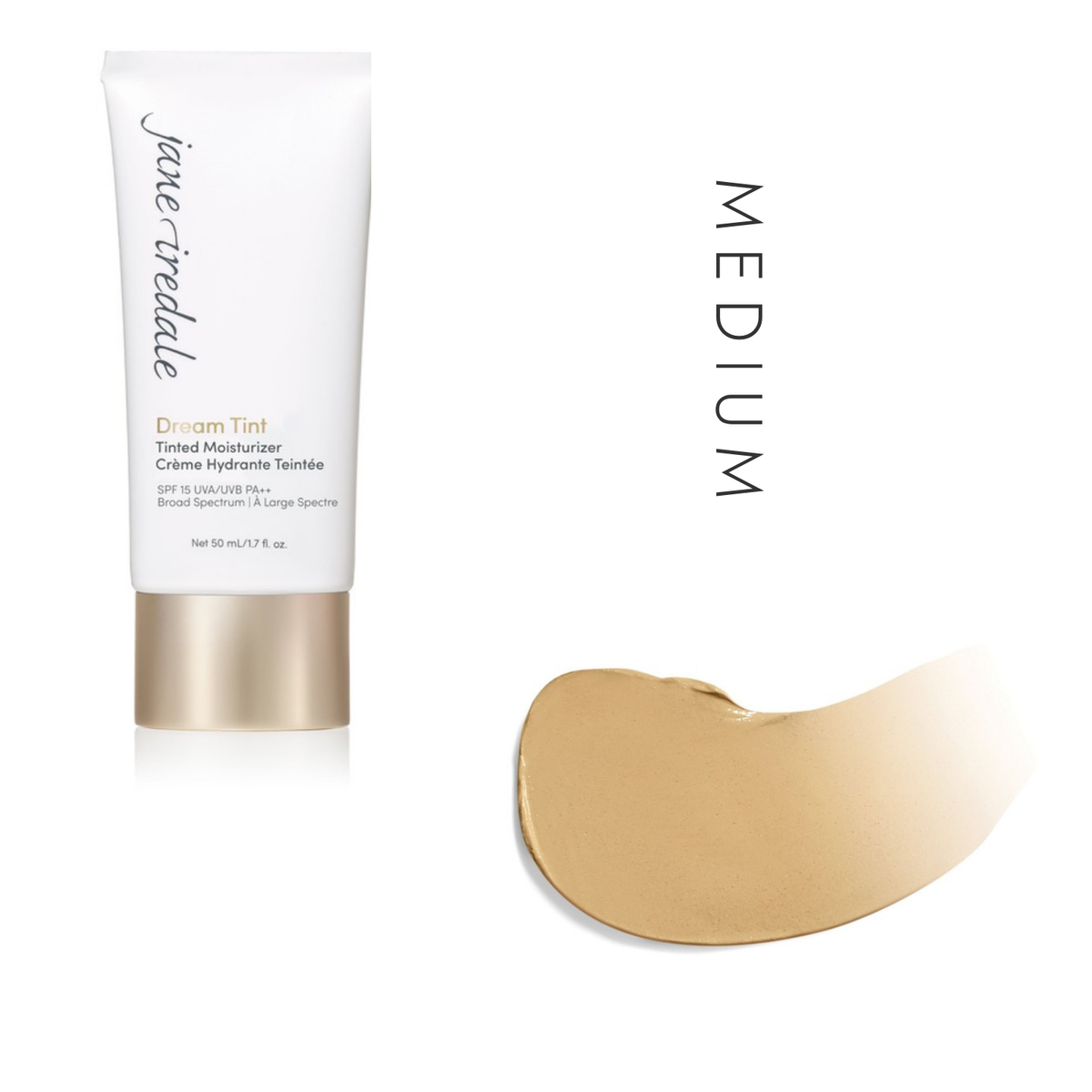 Jane Iredale Dream Tint Tinted Moisturizer SPF 15 in Medium, showing the tube and a swatch
