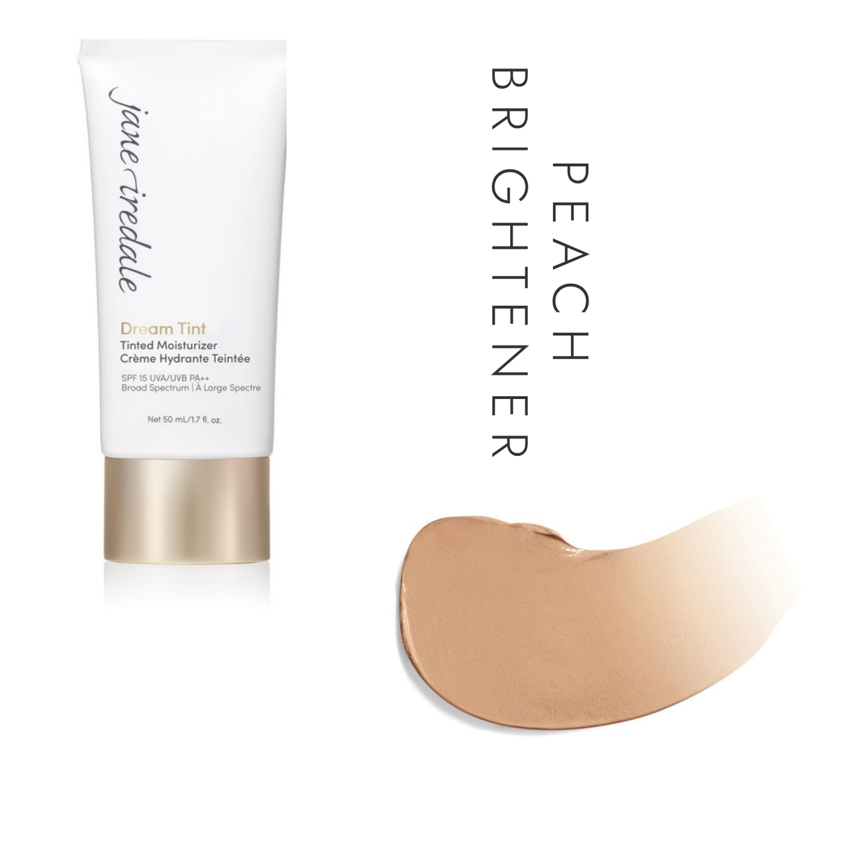 Jane Iredale Dream Tint Tinted Moisturizer SPF 15 in Peach Brightener, showing the tube and a swatch