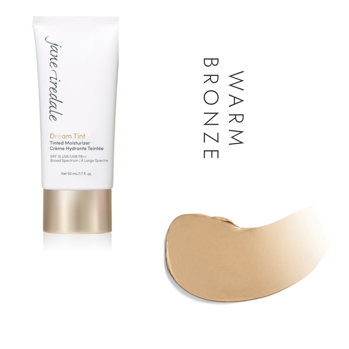 Jane Iredale Dream Tint Tinted Moisturizer SPF 15 in Warm Bronze, showing the tube and a swatch