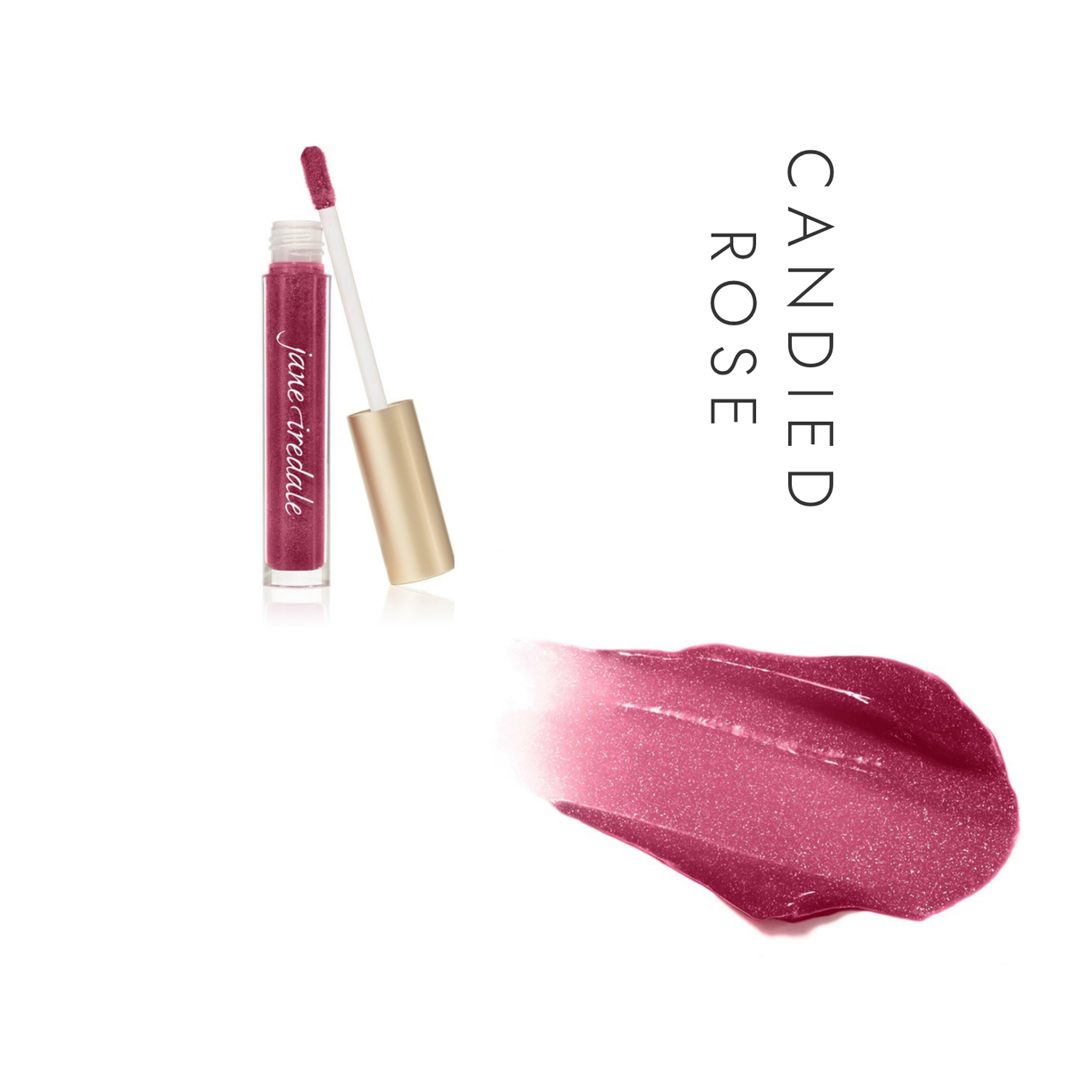 Jane Iredale HydroPure Hyaluronic Lip Gloss in Candied Rose, showing the gloss tube with applicator and a swatch