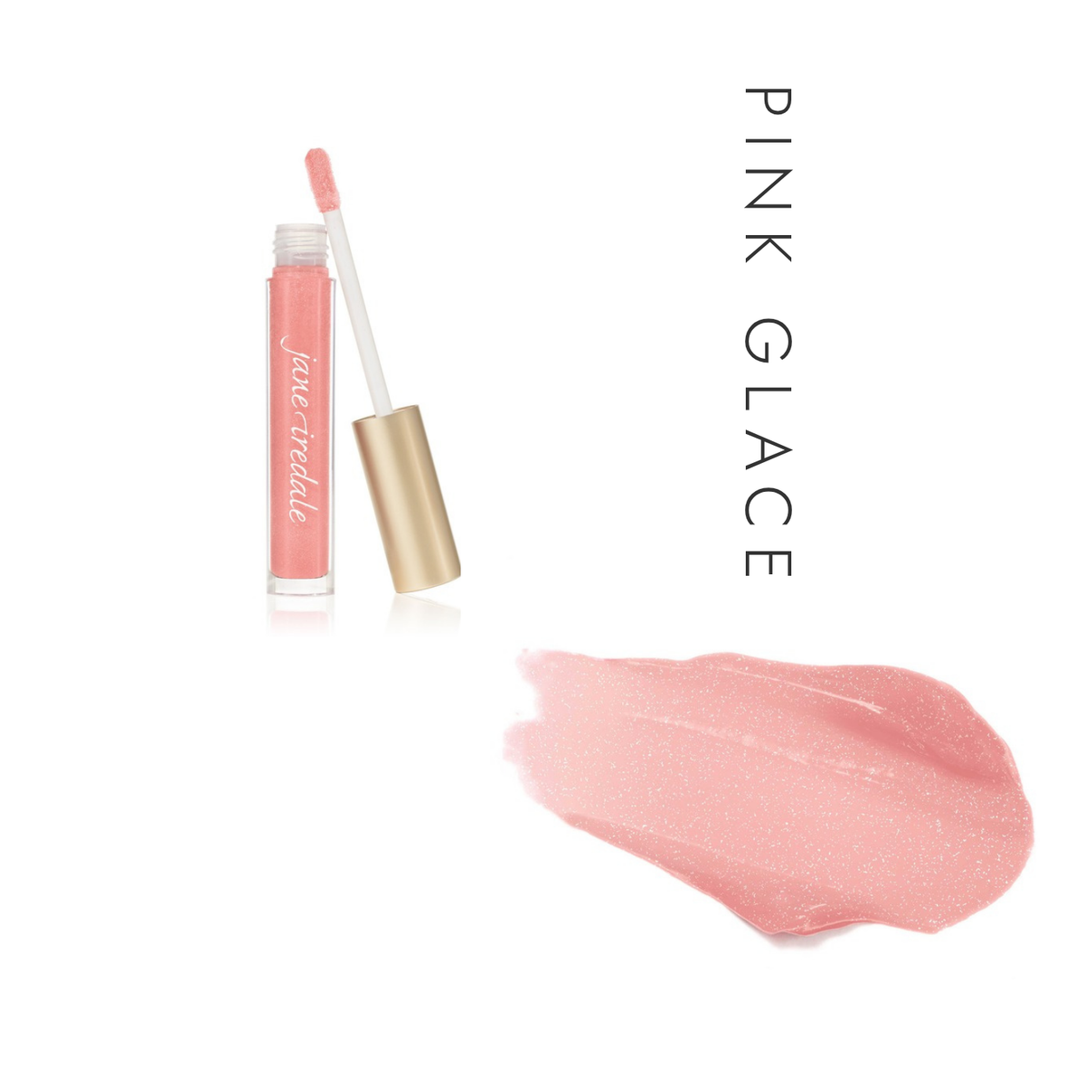Jane Iredale HydroPure Hyaluronic Lip Gloss in Pink Glace, showing the gloss tube with applicator and a swatch