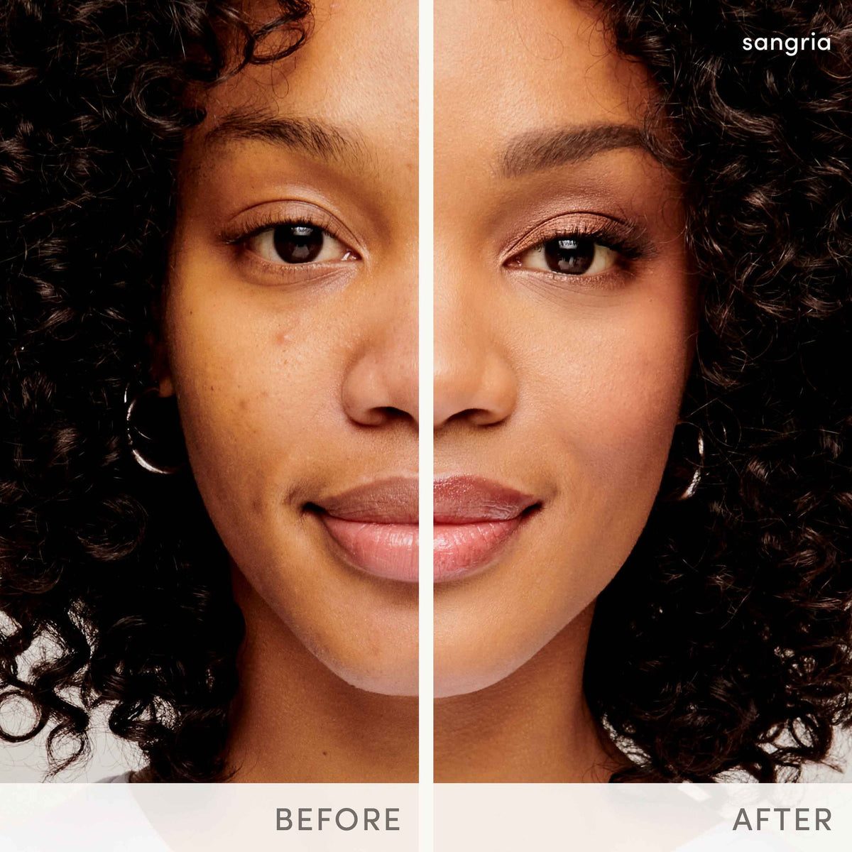 Jane Iredale HydroPure Hyaluronic Lip Gloss before and after in Sangria, showing fuller, glossier-looking lips
