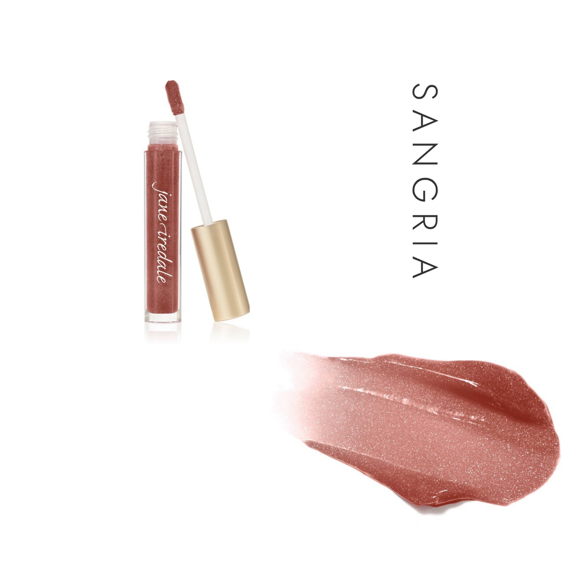 Jane Iredale HydroPure Hyaluronic Lip Gloss in Sangria, showing the gloss tube with applicator and a swatch