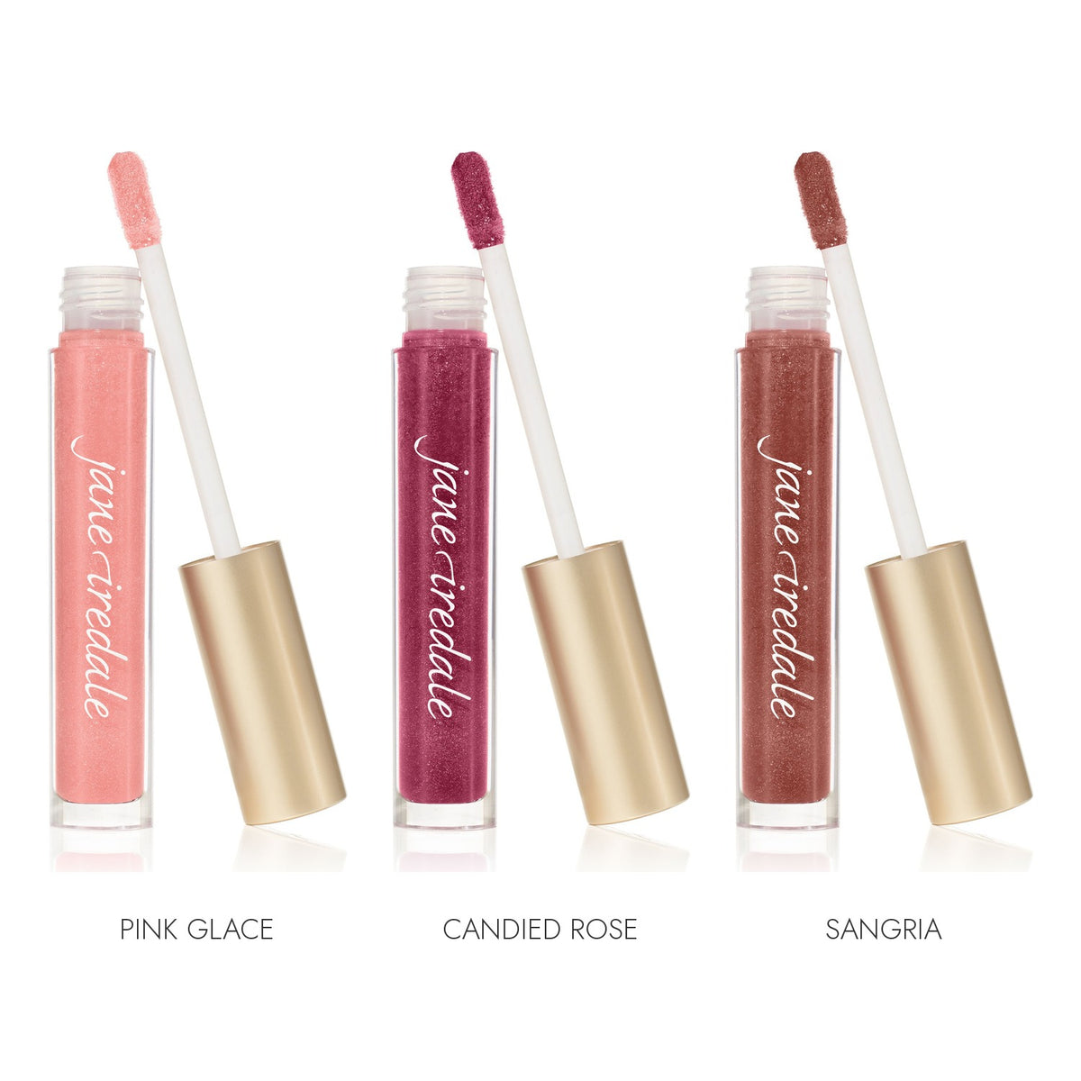 Jane Iredale HydroPure Hyaluronic Lip Gloss in Pink Glace, Candied Rose and Sangria, three open tubes with doe-foot applicators