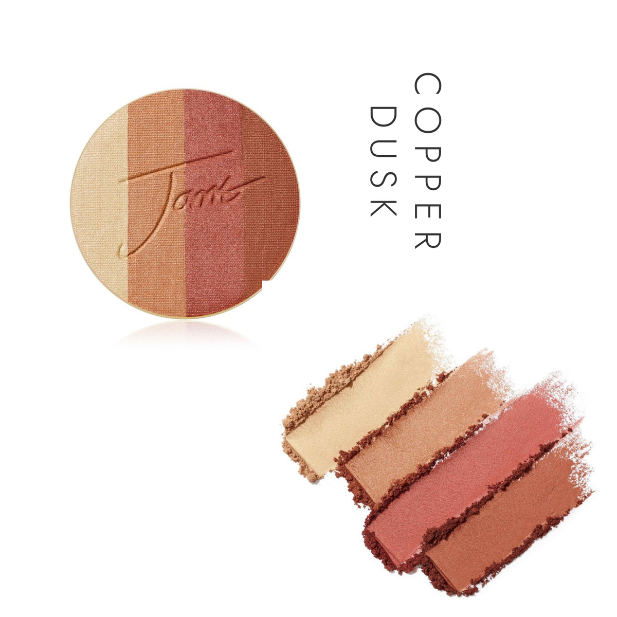 Jane Iredale PureBronze Shimmer Bronzer Refill in Copper Dusk, showing the refill and a powder swatch