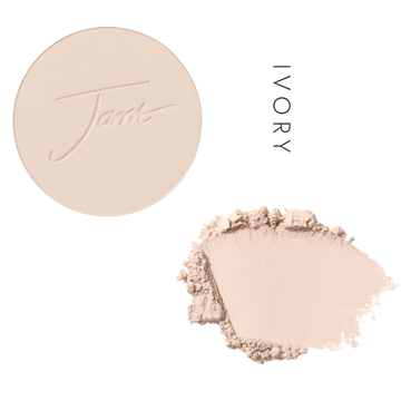 Jane Iredale PurePressed Base Mineral Foundation Refill in Ivory, showing the pressed pan and a powder swatch