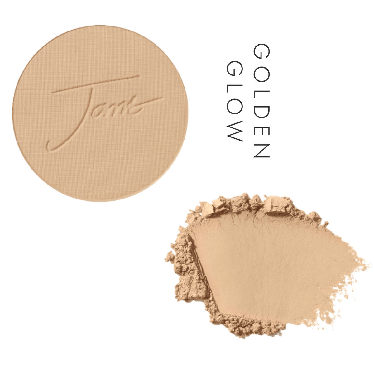 Jane Iredale PurePressed Base Mineral Foundation Refill in Golden Glow, showing the pressed pan and a powder swatch