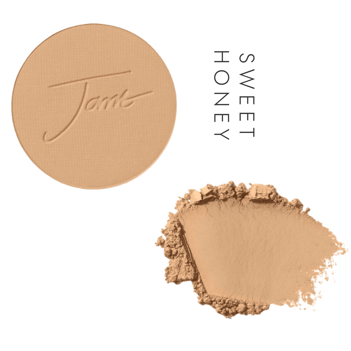 Jane Iredale PurePressed Base Mineral Foundation Refill in Sweet Honey, showing the pressed pan and a powder swatch