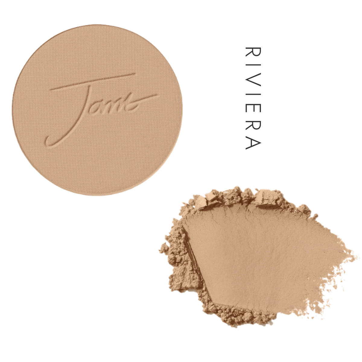 Jane Iredale PurePressed Base Mineral Foundation Refill in Riviera, showing the pressed pan and a powder swatch
